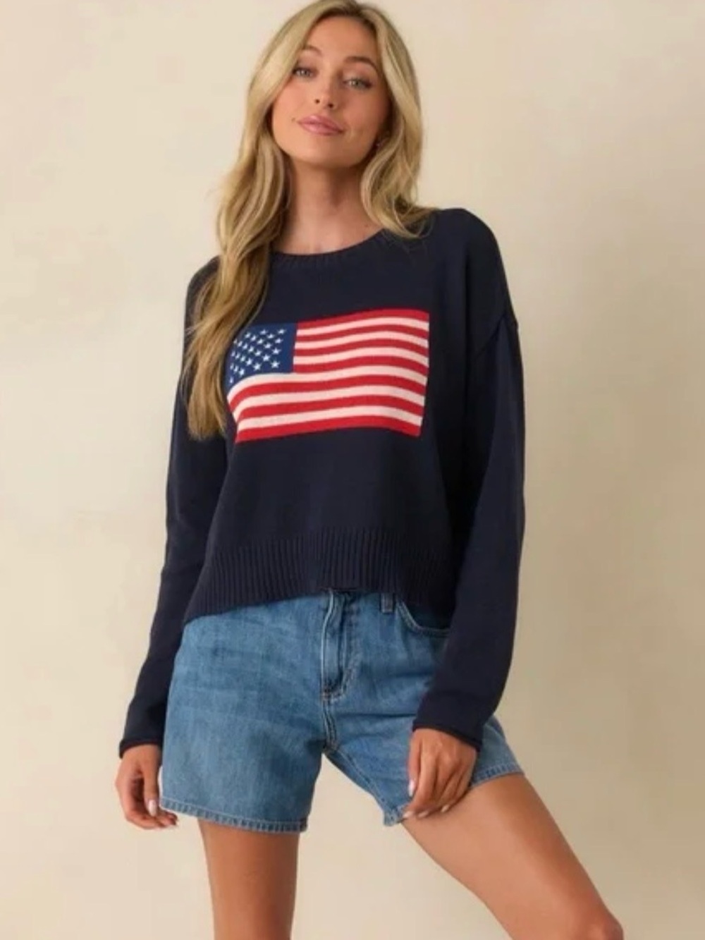 🆕 Z Supply Sienna Patriot Navy American Flag Knit Oversized Sweater NWT SZ XS - Picture 2 of 3